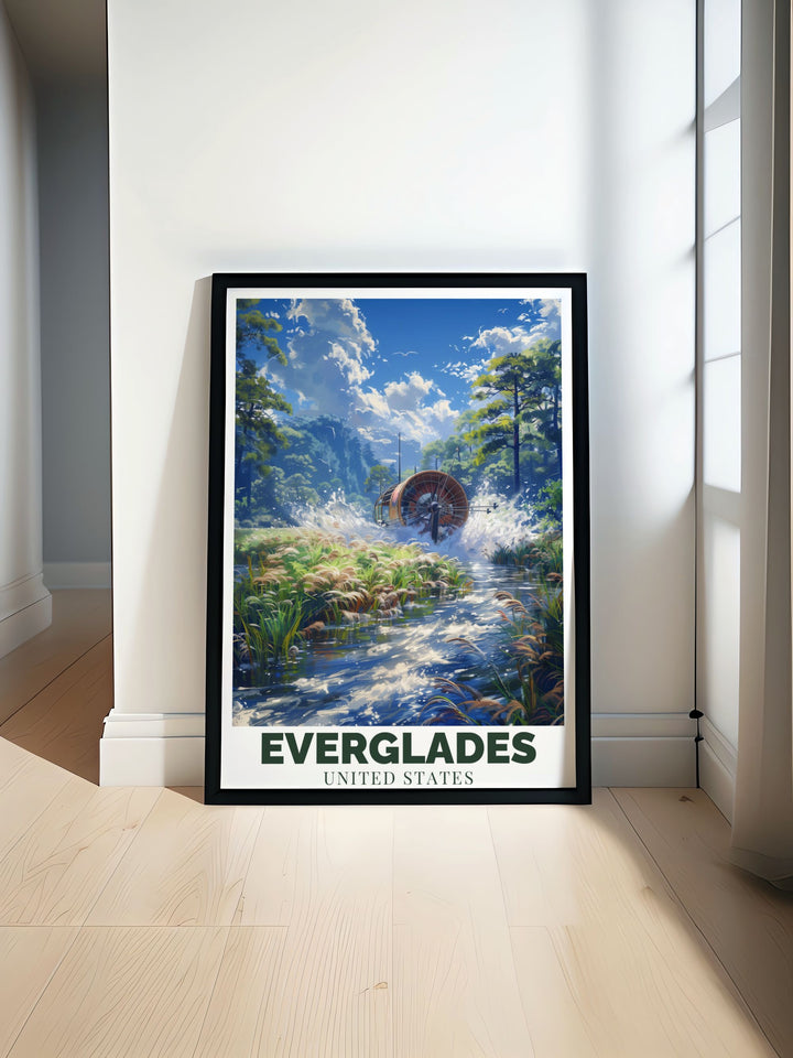 Everglades Poster showcasing the stunning beauty of Floridas National Park. This art piece captures the rich ecosystems and vibrant wildlife of the Everglades. Perfect for nature enthusiasts and adventurers. Includes Airboat ride through the 10K islands for a touch of excitement.