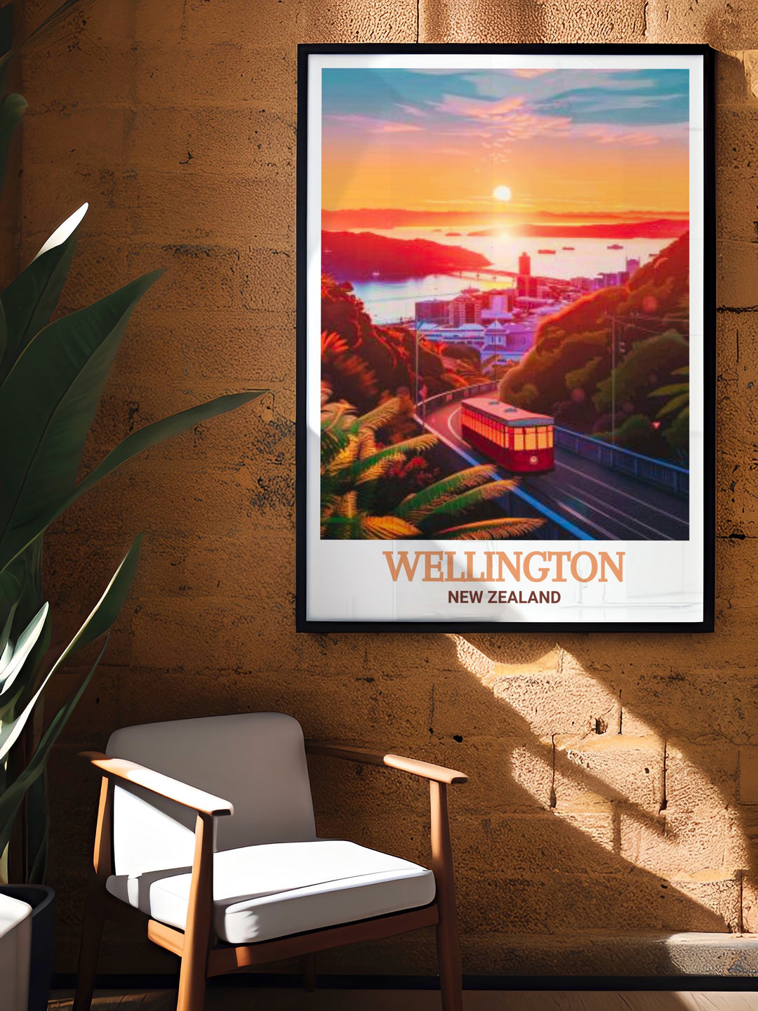 Wellington travel print featuring the iconic red cable car climbing through the lush green hills of New Zealands capital. This New Zealand poster captures the citys charm and vibrant energy, perfect for home décor or as a thoughtful travel gift.