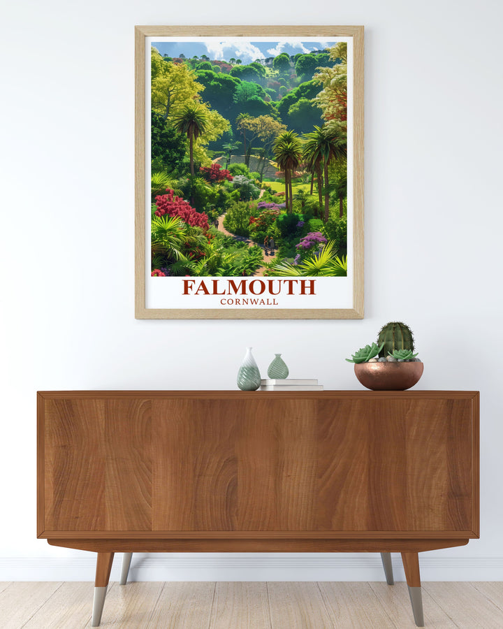 Unique Trebah Garden home decor print showcasing the enchanting garden in Falmouth, Cornwall. This artwork is a great choice for those who want to bring a piece of Cornwalls botanical beauty into their interior design.