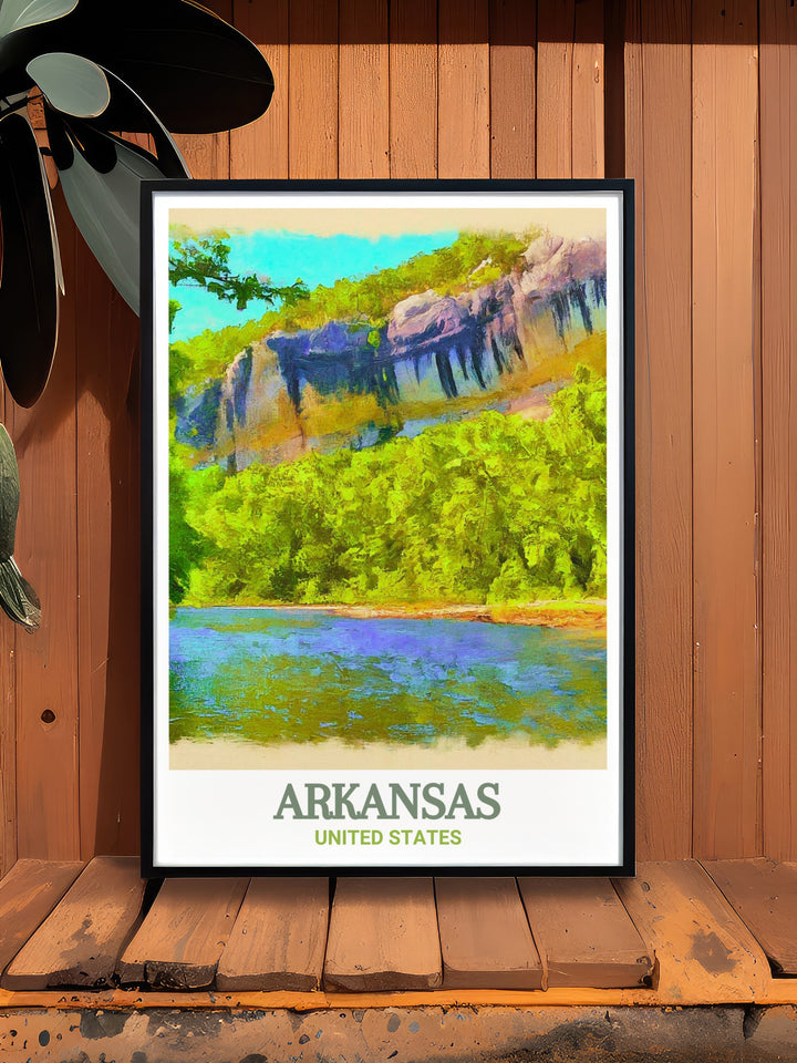 Travel poster of Buffalo National River in Arkansas, capturing the crystal clear waters and rugged landscapes of this iconic natural wonder. Ideal for art lovers and nature enthusiasts looking to bring a touch of Arkansass pristine beauty into their home.