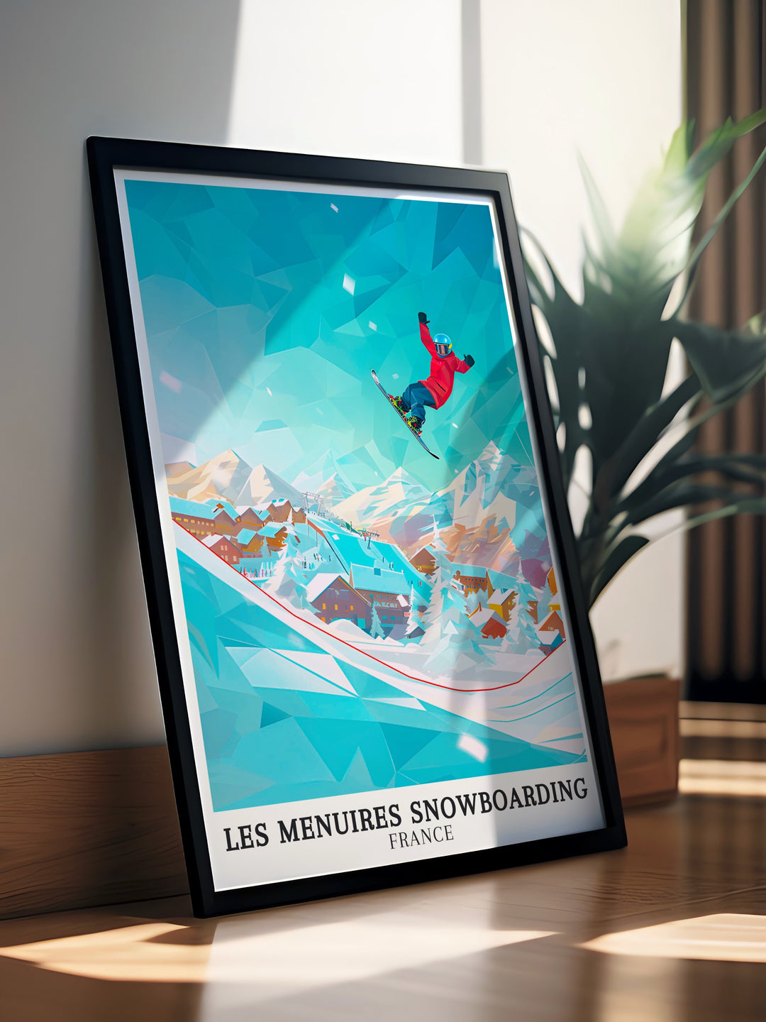 Experience the energy of snowboarding in the French Alps with Les Menuires BK Park Snowboarding Poster a dynamic piece of art ideal for adding excitement to your home decor and a thoughtful gift for winter sports fans