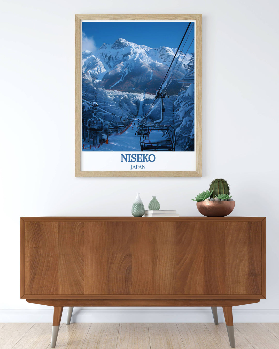 Retro Snowboarding Print including Niseko Annupuri International Ski Area and Mount Yotei capturing the dynamic energy of skiing in Japan combined with elegant Japanese wall art and vintage appeal