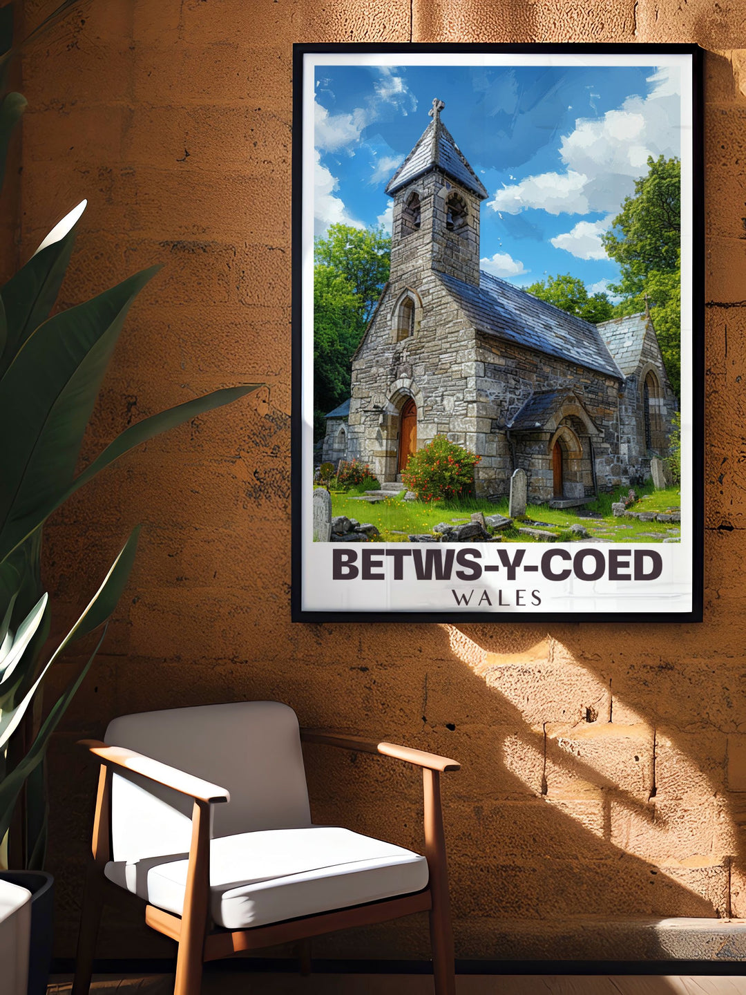 Wales poster featuring the charming Betws y Coed and the iconic St. Michaels Old Church a stunning representation of Welsh heritage and natural beauty ideal for enhancing your home decor or as a cherished gift for history and nature lovers.