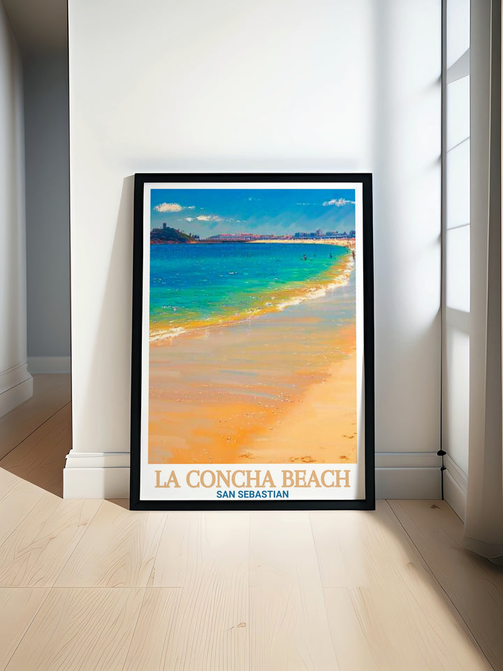 San Sebastián art print showcasing La Concha Beachs stunning views. This poster combines the charm of Playa de La Concha with the elegance of Spains northern coast, making it an excellent decor choice for beach lovers and art enthusiasts alike.