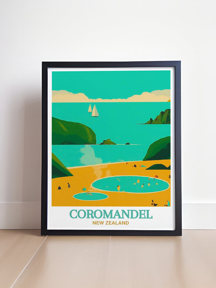 Stunning New Zealand travel poster featuring Hot Water Beach, depicting the serene and inviting sands warmed by natural hot springs. Ideal for adding a touch of natural elegance and adventure to any room, perfect for coastal decor enthusiasts.