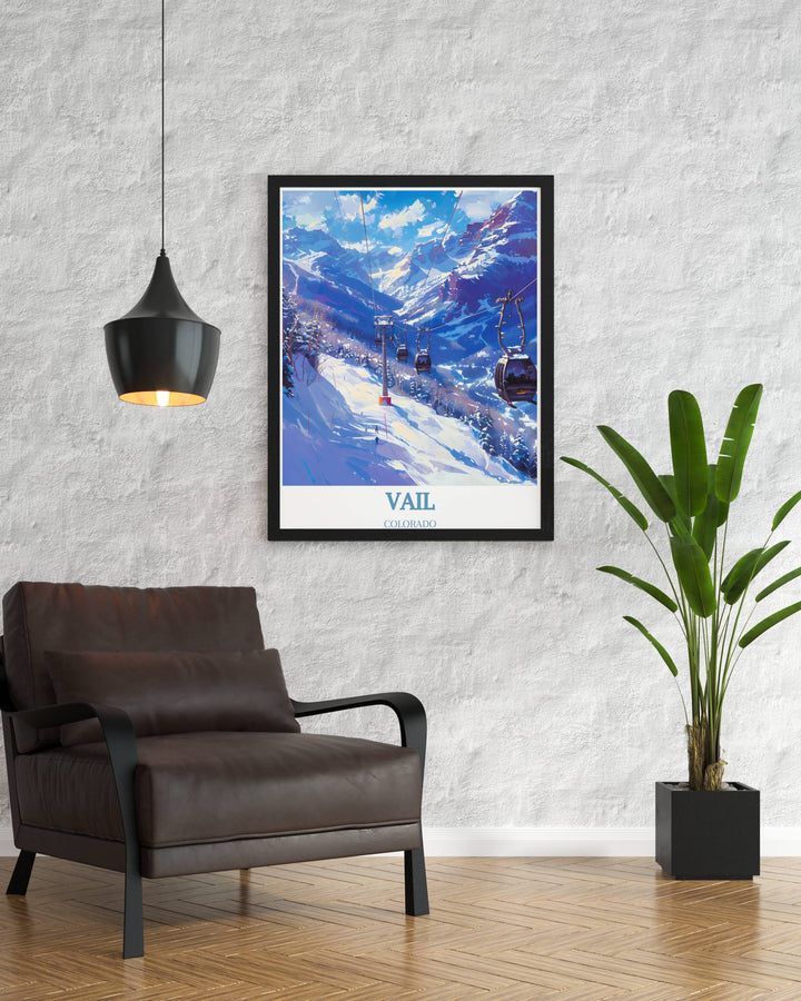 Scenic artwork of Vail Ski Resort, highlighting the picturesque slopes and lively village atmosphere. Perfect for ski enthusiasts and lovers of mountain landscapes.