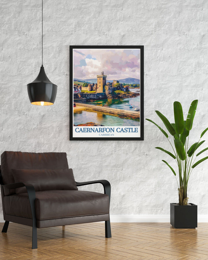 Elegant Caernarfon Castle wall art depicting the fortress, Menai Strait, and Snowdonia Ranger, showcasing the areas natural and historical beauty. Perfect for adding sophistication and a touch of Welsh heritage to any room.