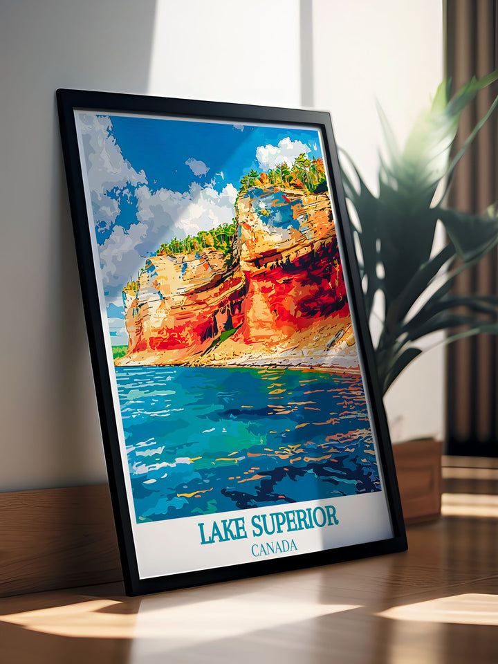Pictured Rocks National Lakeshore illustrated in vibrant colors, capturing the unique geological features and lush forests, ideal for nature lovers.