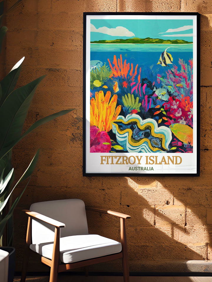 Giant Clam Gardens wall art captures the stunning underwater beauty of one of Australias most famous diving spots, with giant clams and colorful coral reefs. This travel print brings a touch of the Great Barrier Reef into your home, ideal for marine life lovers.