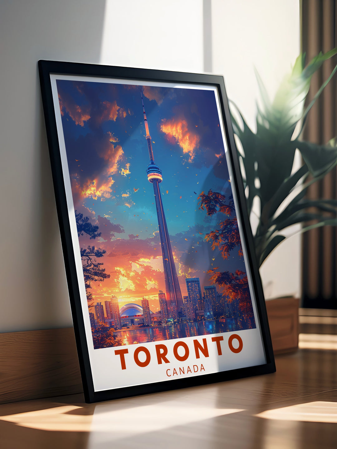 Elegant CN Tower print capturing the iconic Toronto skyline ideal for modern home decor and as a Canada travel gift.