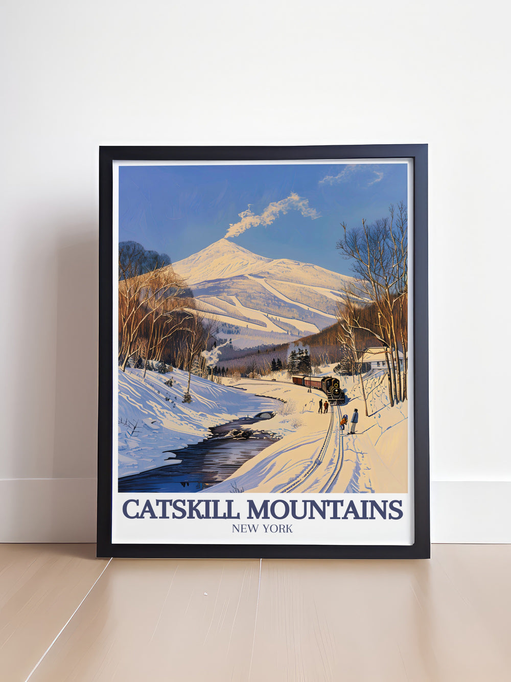 Hunter Mountain framed prints featuring the scenic Catskill Mountains and Catskill Mountain Railroad are perfect for New York wall art enthusiasts. The stunning travel poster brings the beauty of New York State into your home decor with elegance and charm.