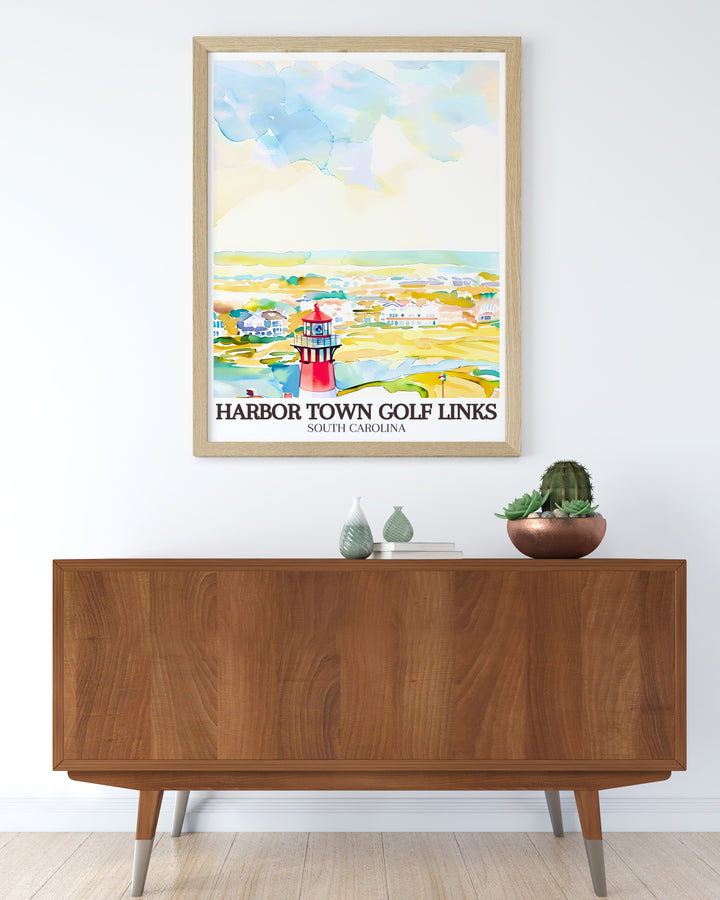 Featuring the Harbor Town Golf Links and the famous Harbour Town Lighthouse, this framed art piece brings a sense of adventure and elegance into any room. Perfect for golf fans, this artwork captures the essence of one of golfs most beloved courses.