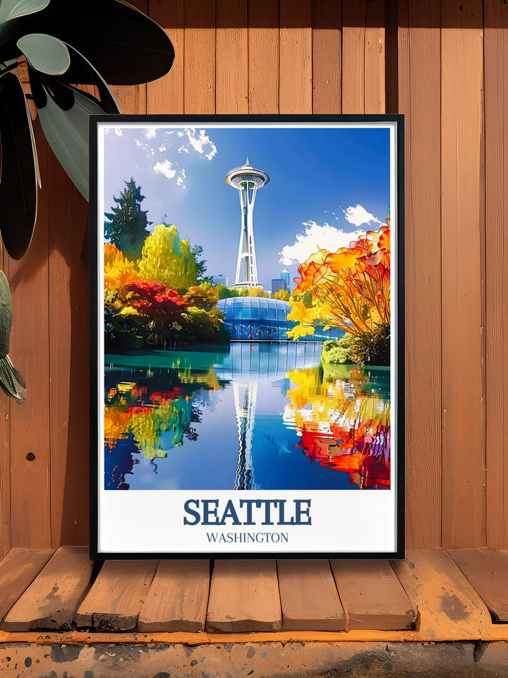 Featuring Chihuly Garden and Glass, this poster showcases the vibrant and intricate glass sculptures that define this Seattle landmark, offering a glimpse into the creative genius of Dale Chihuly.
