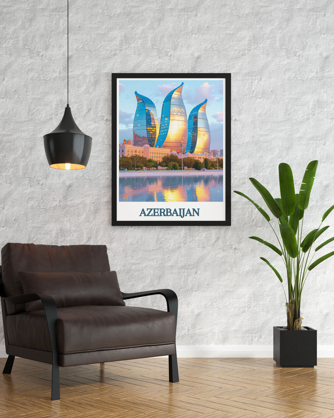 Flame Towers Azerbaijan travel art print capturing the sleek design and glowing lights of Bakus famous skyscrapers this poster offers a striking representation of the citys skyline perfect for anniversaries birthdays or Christmas gifts and personalized home decor