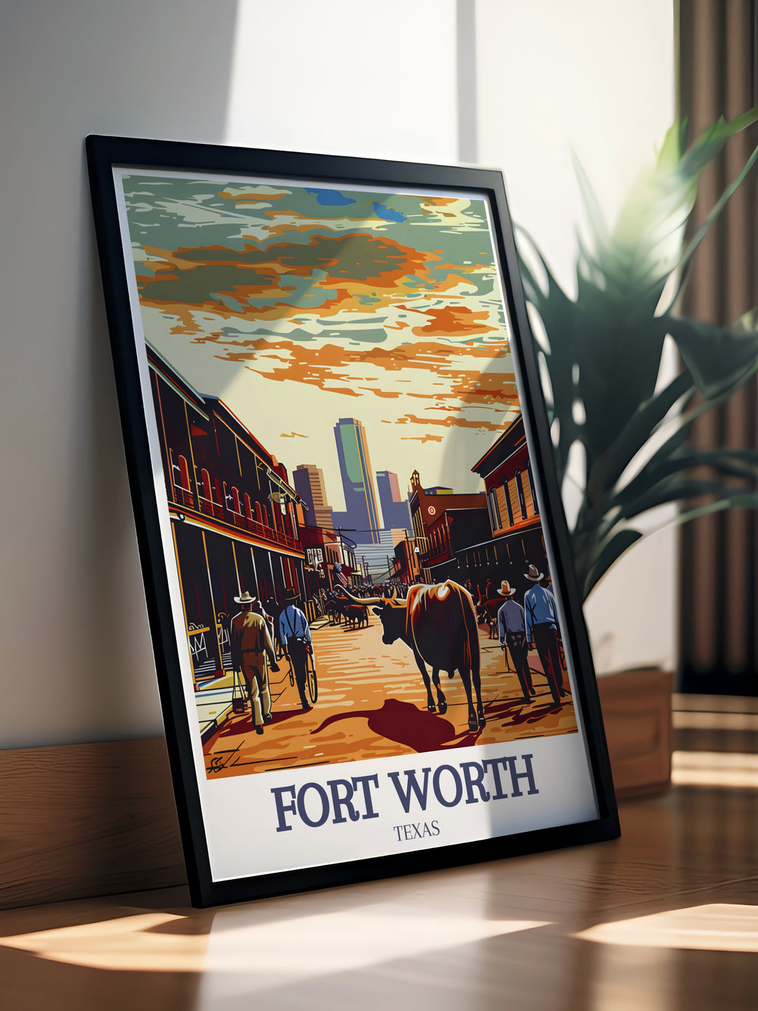 This Fort Worth travel print captures the heart of the Stockyards, with Exchange Street offering a glimpse into the citys Western roots. Ideal for lovers of Texas culture and history, this artwork brings a touch of Fort Worth to your home.