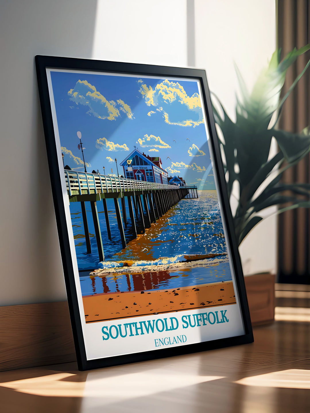 Discover the enchanting landscape of Southwold Pier with this exquisite travel poster, illustrating the vibrant seaside attractions and the scenic coastline.