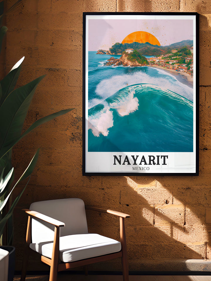 Nayarit art poster featuring Sayulita Coastline Riviera Nayarit brings Mexican coastal beauty into your living space perfect for modern home decor or as a thoughtful Nayarit art gift vibrant colors and intricate details make this a captivating wall piece