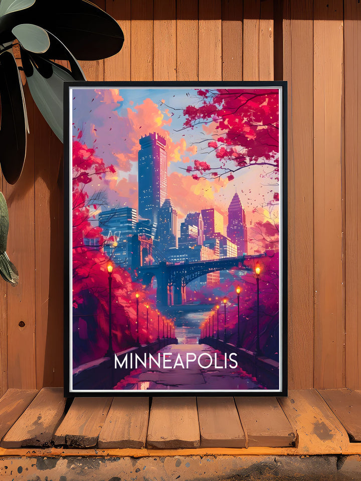 Featuring the scenic Mississippi Riverfront, this poster offers a visual representation of one of Minneapoliss most serene and picturesque areas, ideal for nature and city lovers.