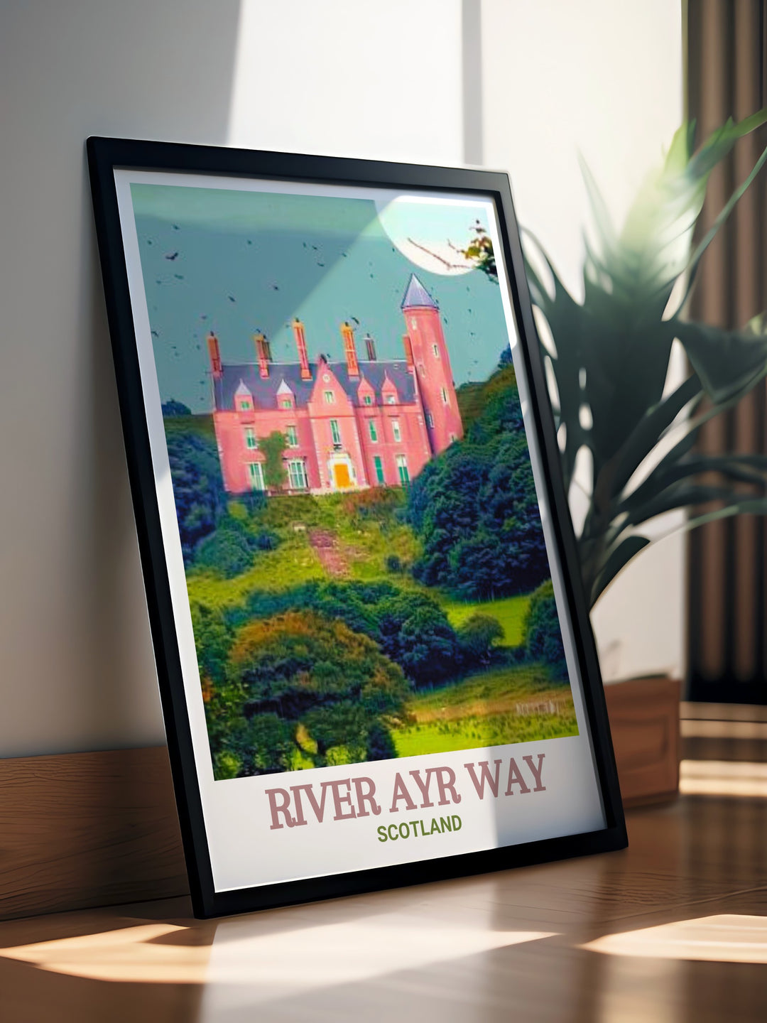 River Ayr Way landscape art featuring the serene surroundings and rich heritage of the trail and Sorn Castle. This scenic print captures the essence of Scotland, providing a visual escape to one of the countrys most beautiful locations.