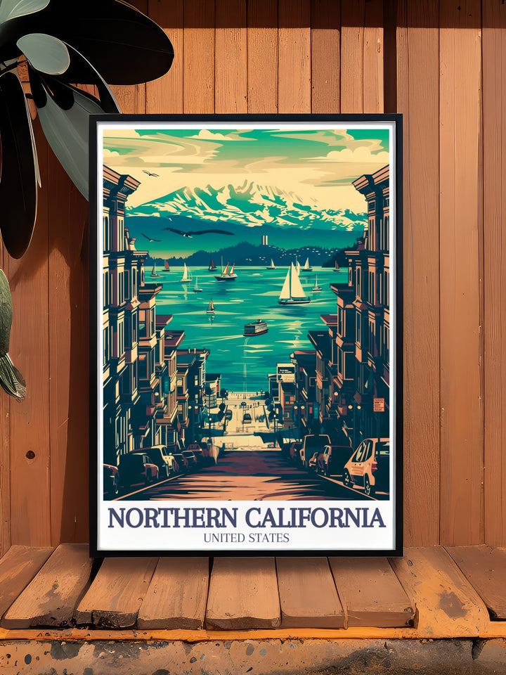 Lake Tahoe Travel Print combines the stunning views of Californias Redwood Sequoia forests with the tranquil scenery of Lake Tahoe and the bustling city of San Francisco. This wall art poster is a must have for any nature lover or traveler looking to enhance their décor.