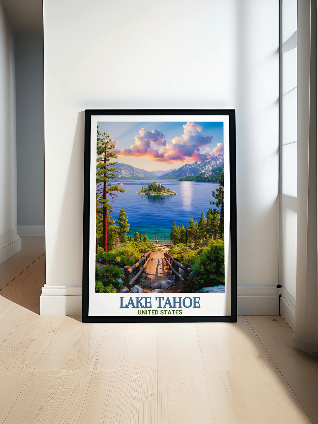 Emerald Bay Wall Art captures the picturesque beauty of Lake Tahoes most iconic cove. This travel poster offers a stunning view of the lake, surrounded by forested hills and mountains, making it an ideal addition to any home for those who appreciate nature and adventure.