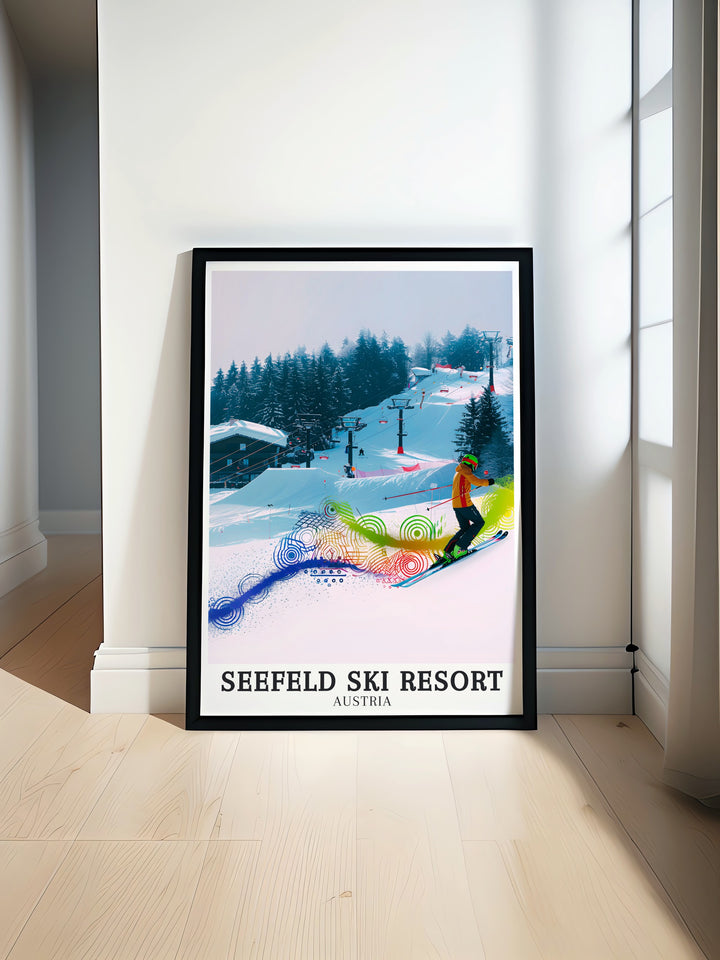 Seefeld Ski Resort Poster Print featuring the Gschwandkopf jump ramp and Tyrolean ski area. This stunning print of Austria skiing and snowboarding makes for elegant home decor with beautiful alpine scenery from Seefeld Austria.