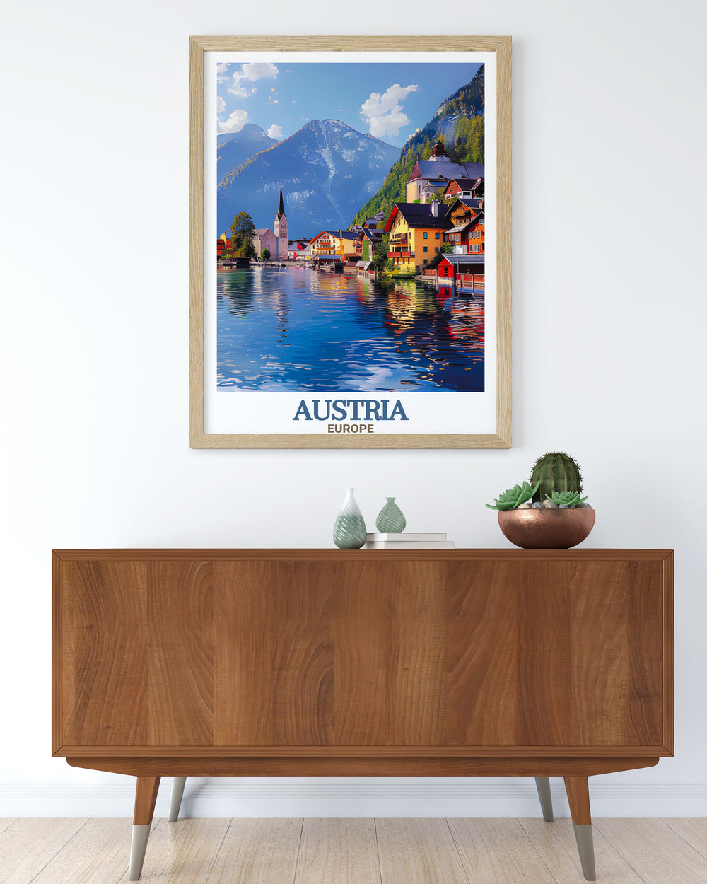 Bring Austria to your home with this Hallstatt art print. This Austria colorful poster is a fine addition to any living room decor combining scenic beauty and modern art. The Austria print highlights Hallstatt making it perfect for gifts and home decor.