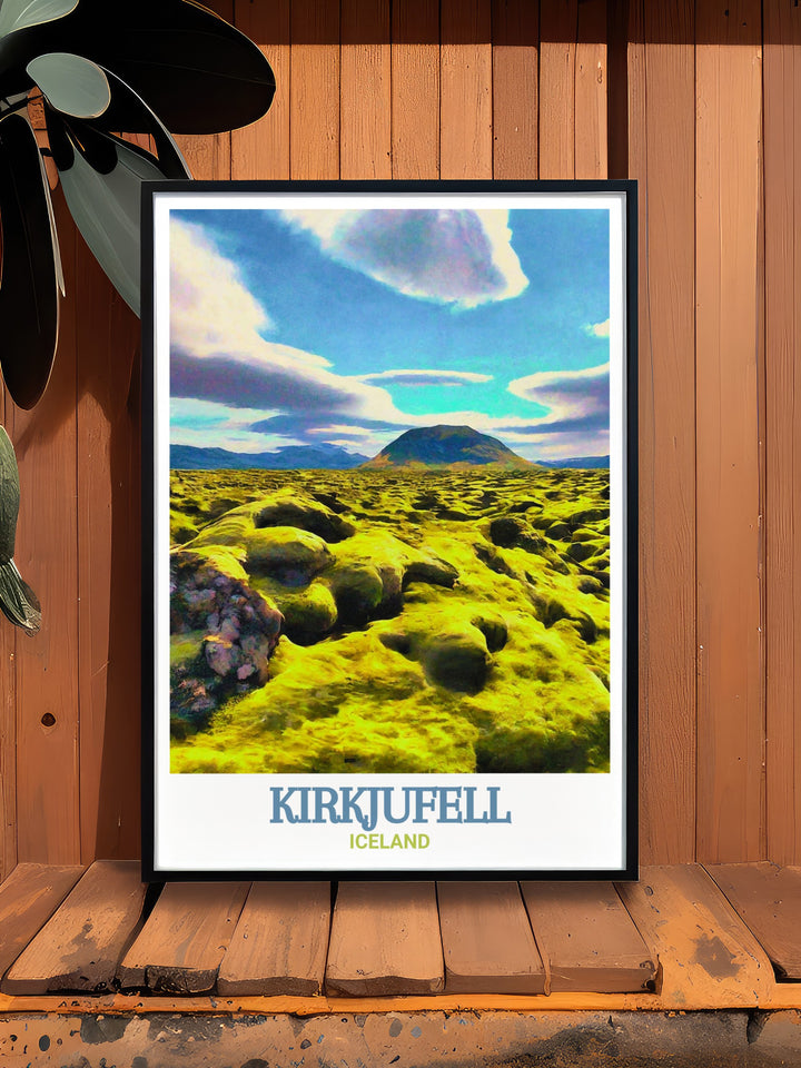 Kirkjufell Art Print focusing on the majestic beauty of Kirkjufell, often considered Icelands most photographed mountain. The print captures the mountains unique shape and the surrounding serene environment, ideal for those who appreciate the stark beauty of Icelandic landscapes and wish to bring a piece of this natural wonder into their homes.