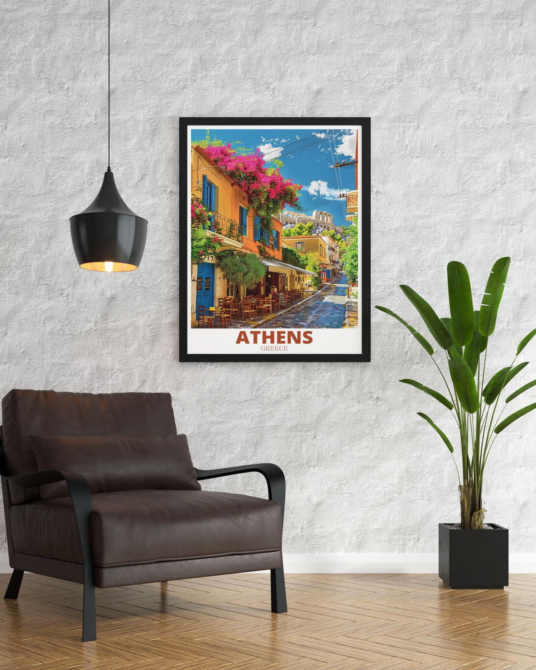 PlakaNeighborhood Travel Poster depicting the lively streets of Athens perfect for adding a cultural touch to your home decor a thoughtful gift for history enthusiasts and art lovers