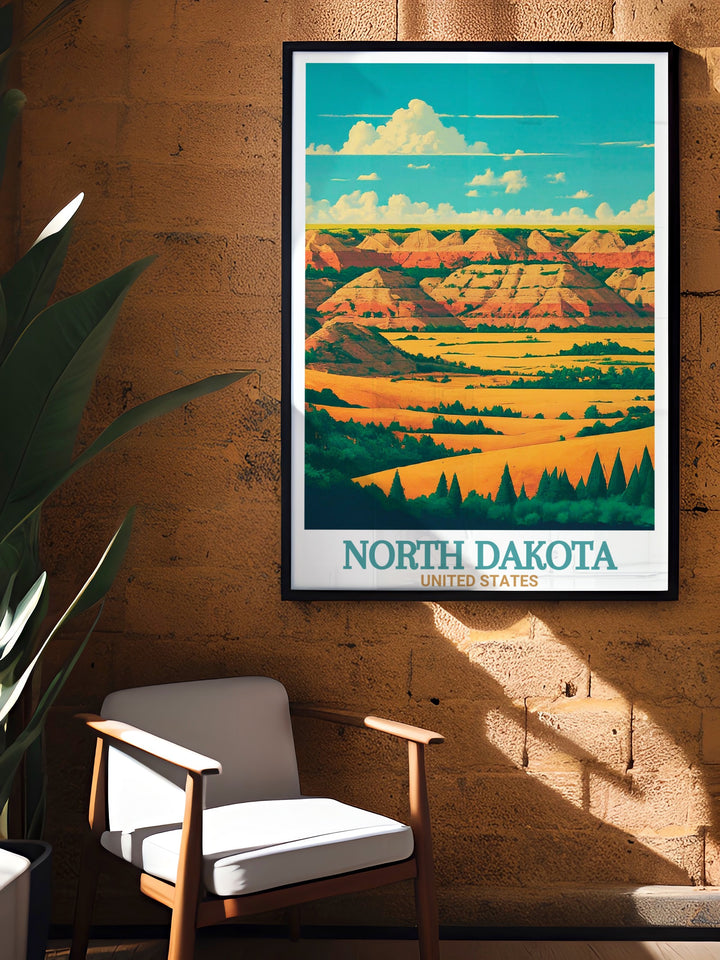 A detailed North Dakota Poster featuring the expansive views of Theodore Roosevelt National Park. This travel print highlights the striking terrain of the Badlands, capturing the rugged beauty of one of the USAs most treasured parks. Ideal for adding a rustic touch to any living space.