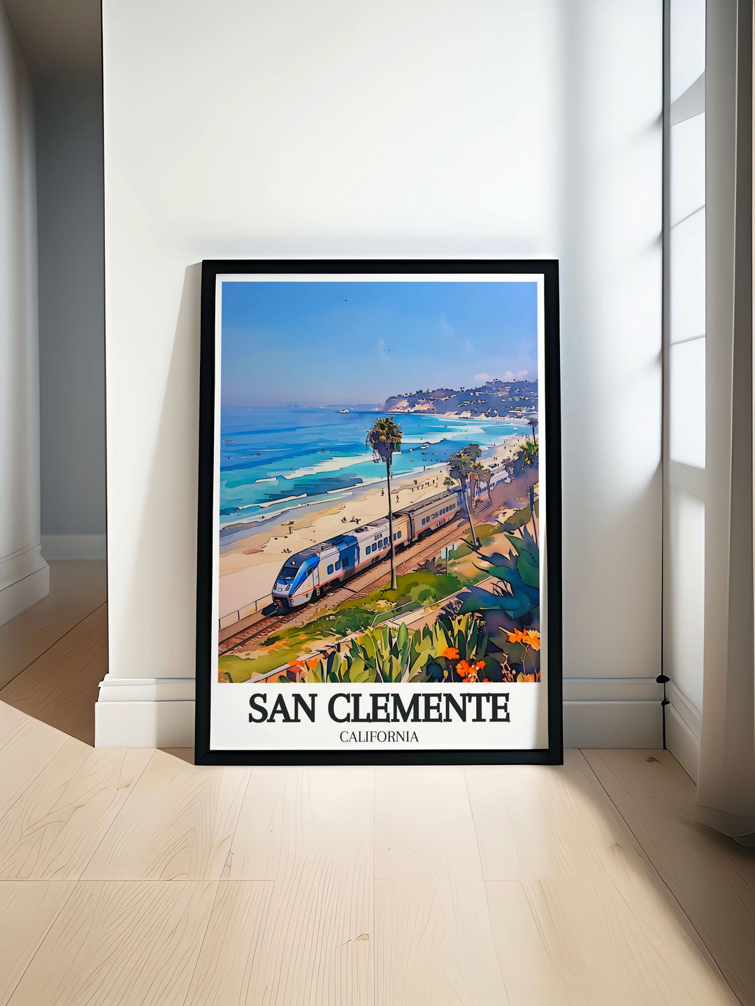 San Clemente Print showcasing the vibrant cityscape with Railfanning train San Clemente pier. This fine line print adds a colorful and modern touch to any wall perfect for home decor and gifts for friends and family.