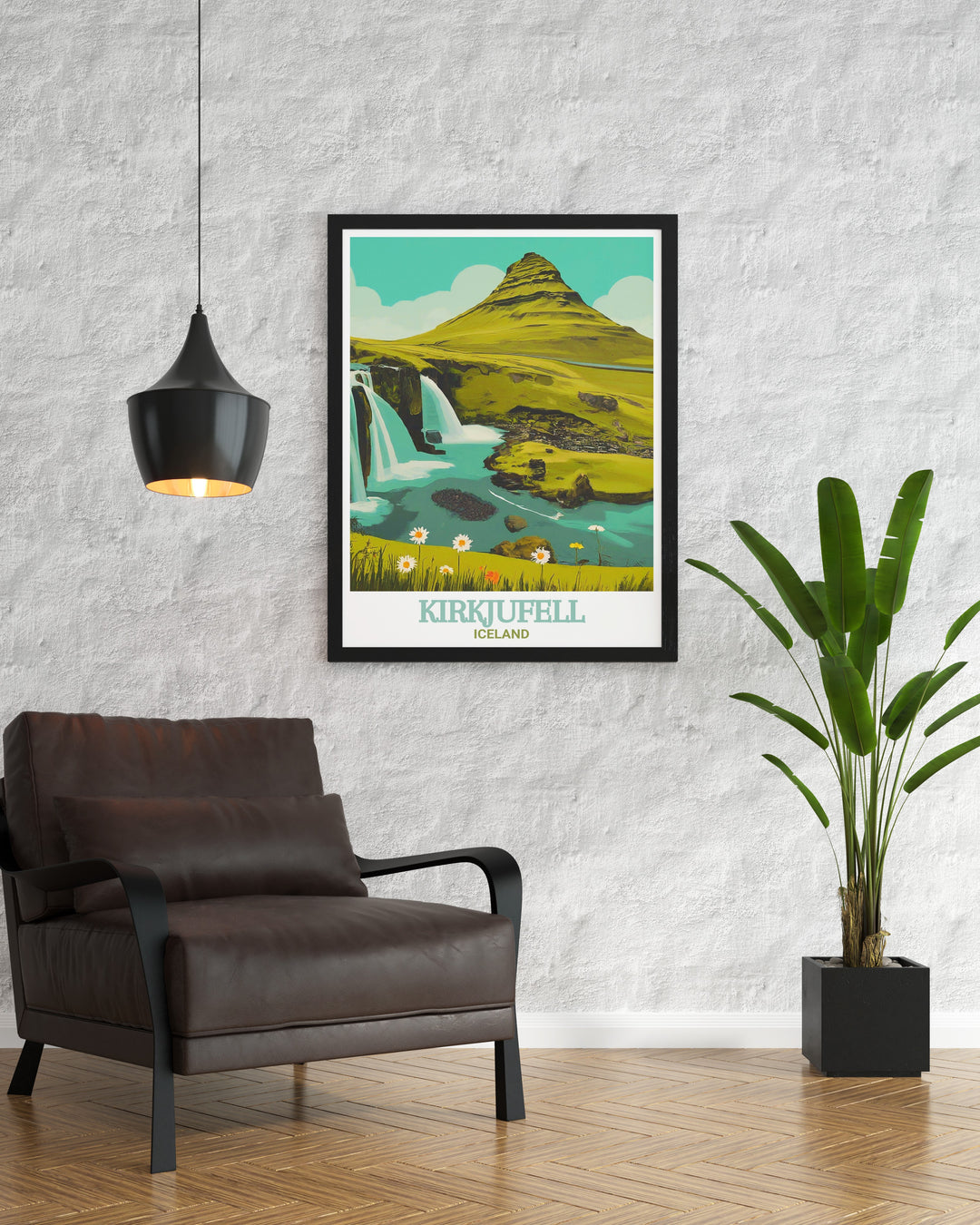 Iceland Framed Art presenting a stunning view of the iconic Kirkjufell mountain paired with the serene flow of Kirkjufellsfoss waterfall. The framed art adds a sophisticated touch to any room, offering a glimpse into the raw beauty of Icelands natural landscape.