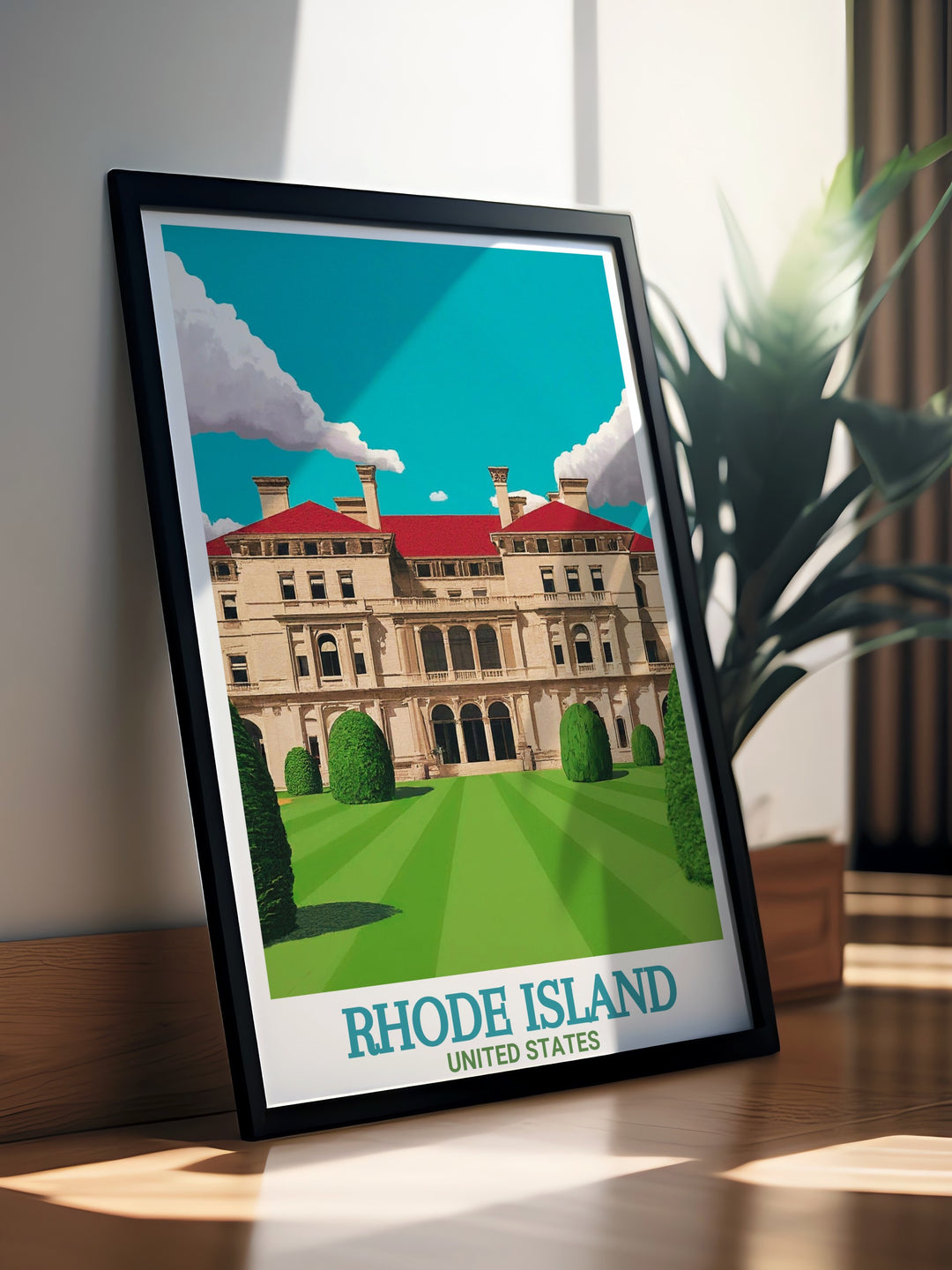 A beautiful vintage inspired poster of The Breakers in Newport, Rhode Island, highlighting the mansions intricate architectural details. This print is ideal for those who appreciate historic landmarks and want to bring a piece of Rhode Islands rich history into their home or office.