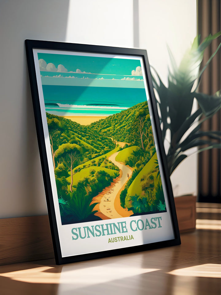 This Sunshine Coast travel print showcases the vibrant beauty of Australias famous coastal region, featuring the serene landscapes of Noosa National Park. A perfect addition to any space, this artwork captures the essence of Australias natural wonders.