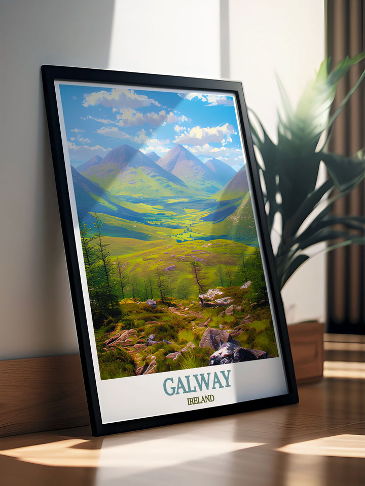 Add a piece of Ireland to your home with this travel poster of Galway and Connemara. The vibrant colors and intricate details capture the unique charm and natural beauty of both the city and the national park, making it a stunning focal point for any room.