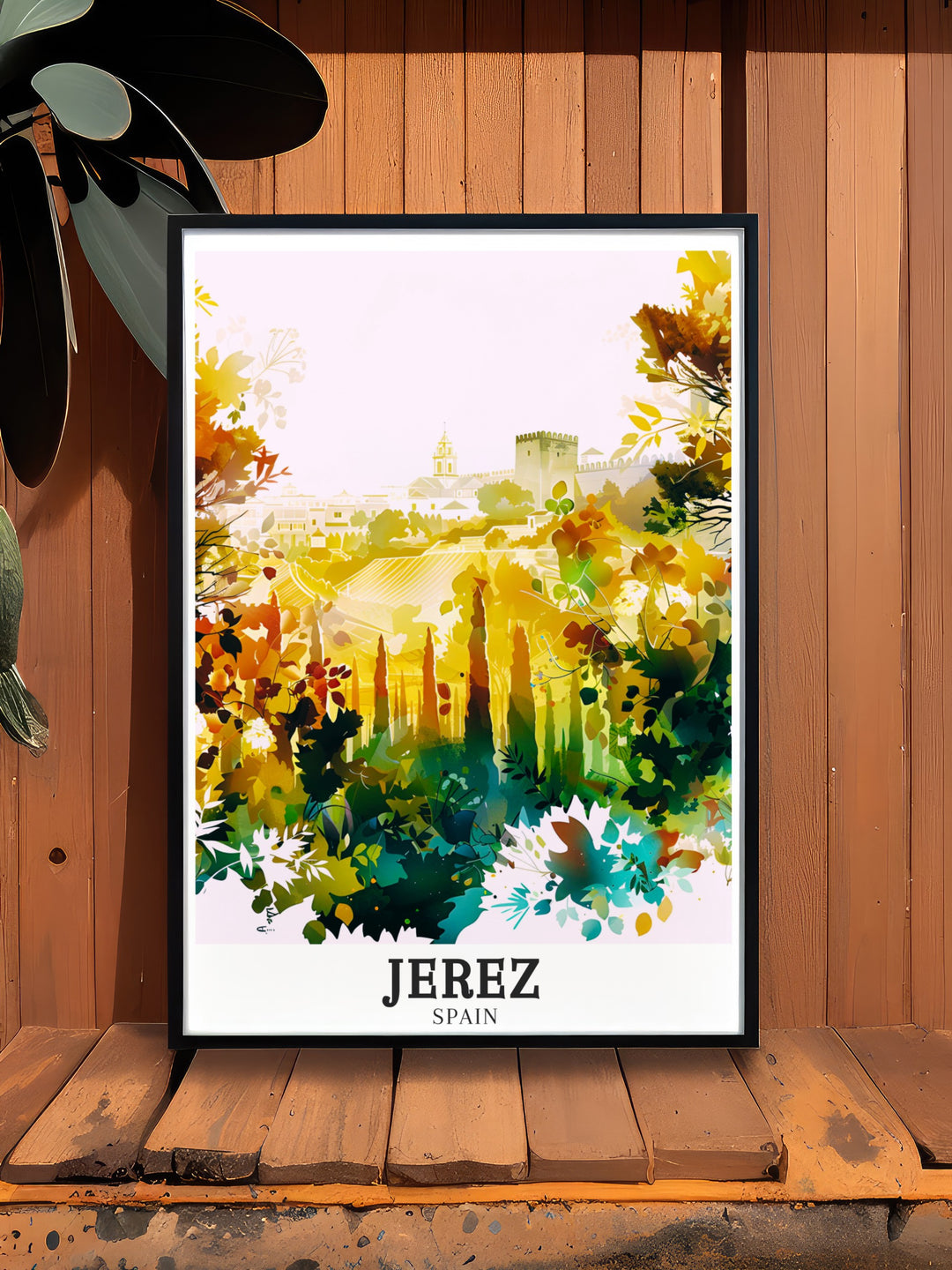 Sherry Triangle wall art celebrating Jerezs role in the world of wine and its deep cultural heritage. This print highlights the Alcázar fortress and the rich landscapes of Andalusia, making it a perfect gift for travelers, wine lovers, or those captivated by Spains history.