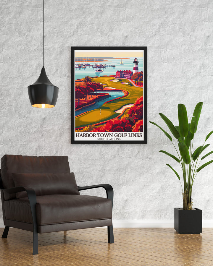 This Harbor Town wall print brings the excitement of the 18th hole to life, featuring the scenic views of the Sea Pines Resort. Perfect for anyone who loves golf, this travel art celebrates the unique beauty of Harbor Town Golf Links.