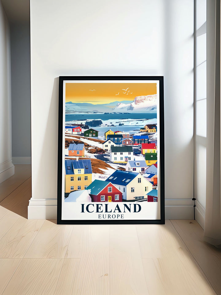 A travel poster showcasing the historic charm of Ísafjörður in the Westfjords of Iceland, featuring colorful houses and a serene harbor with towering mountains in the background.