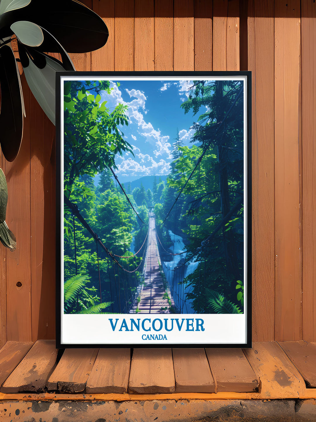 Celebrate the adventure and history of the Capilano Suspension Bridge with this art print. The vibrant colors and detailed illustration bring the iconic bridge and its lush environment into your home, perfect for adventure and nature enthusiasts.