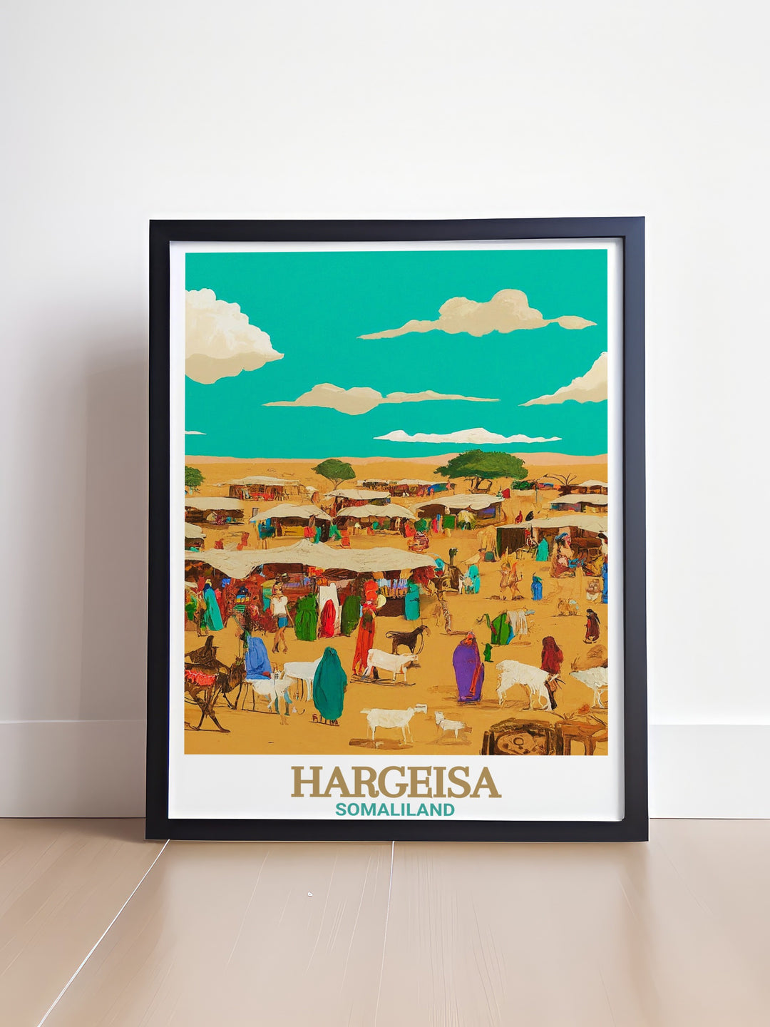 Featuring the Livestock Market in Hargeisa, this framed art captures the heart of Somali trade and tradition. Perfect for those with a love for African culture, this artwork brings a dynamic and vibrant scene into any space.