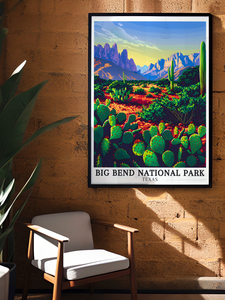 Vintage travel poster of Big Bend Texas USA highlights the rugged Chihuahuan Desert and Chisos Mountains making it an ideal piece of wall art for nature lovers and those who appreciate the grandeur of national parks in their living spaces