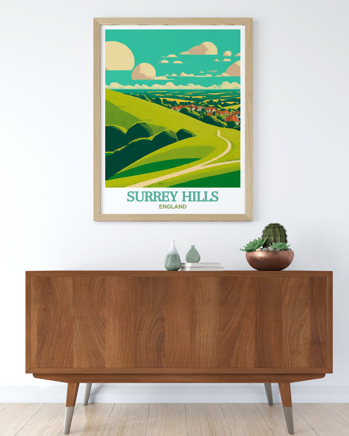 Enhance your decor with this custom print of Box Hill in Surrey Hills. The detailed artwork showcases the lush hills and expansive views of this AONB, making it a standout piece in any collection. This print is ideal for those looking to bring a touch of Englands natural beauty into their home