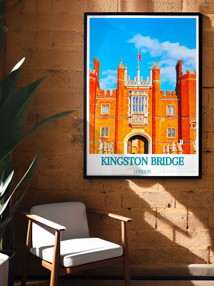 Featuring the iconic Kingston Bridge and Hampton Courts picturesque surroundings, this art print captures the essence of Londons historical landmarks.