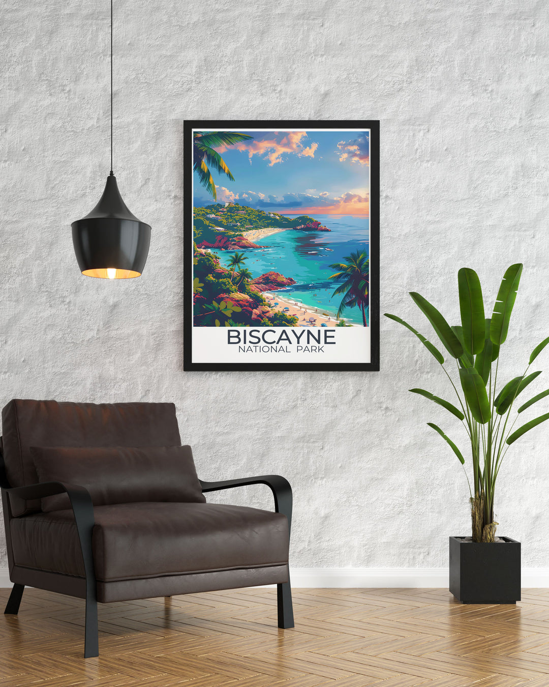 Elegant Biscayne National Park wall art depicting Elliot Key Trail and coral reefs, showcasing the parks natural and underwater beauty. Perfect for adding sophistication and a touch of nature to any room.