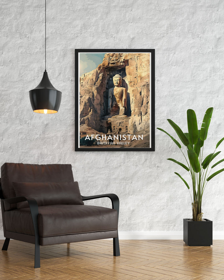 Fine line print of Bamiyan Valley and Buddhas showcasing the rich cultural heritage of Afghanistan a timeless piece that adds depth and character to any home decor