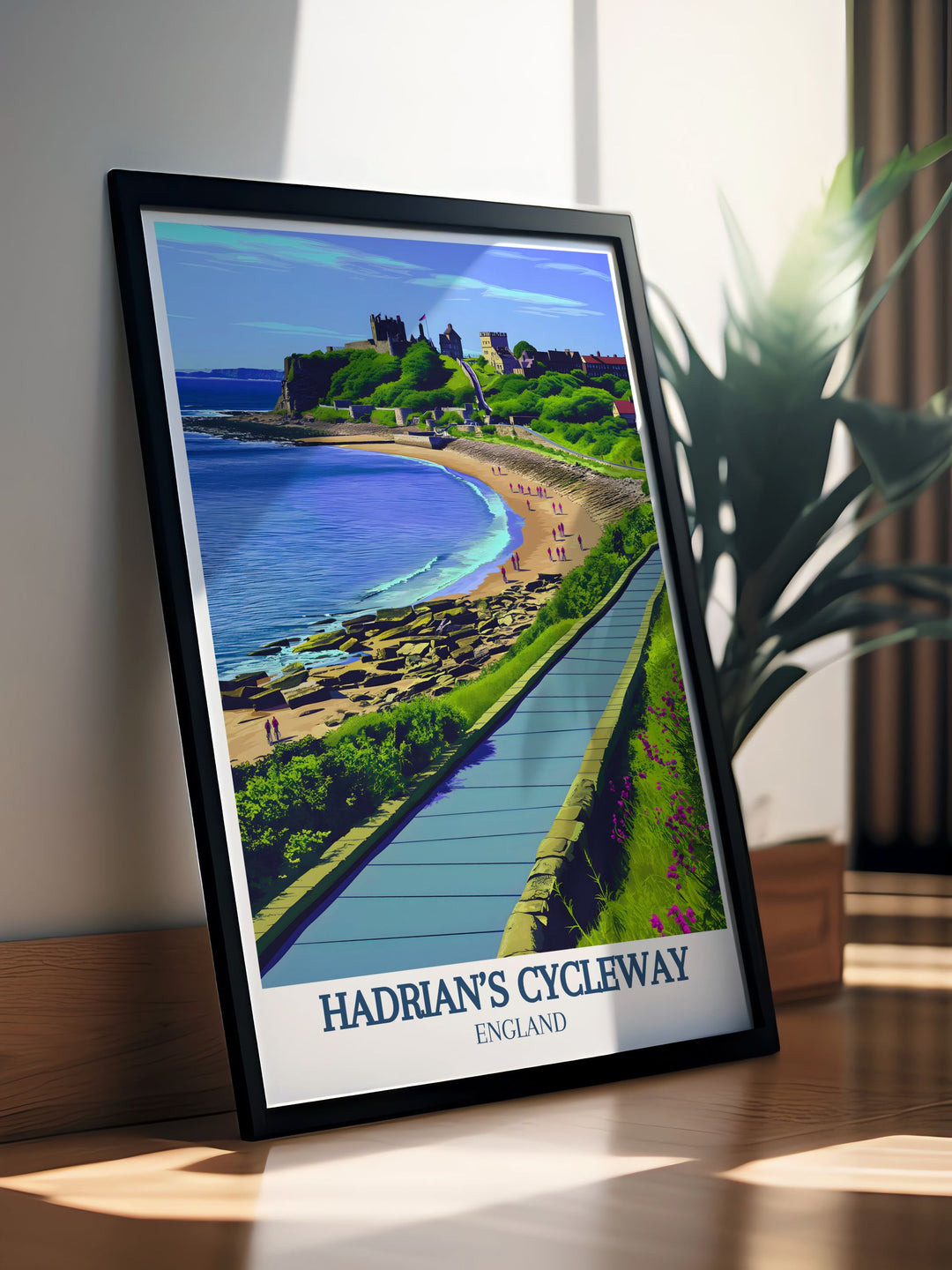 This travel poster captures the adventure of cycling along Hadrians Cycleway, featuring breathtaking views of the North Sea and the ancient path of Hadrians Wall.