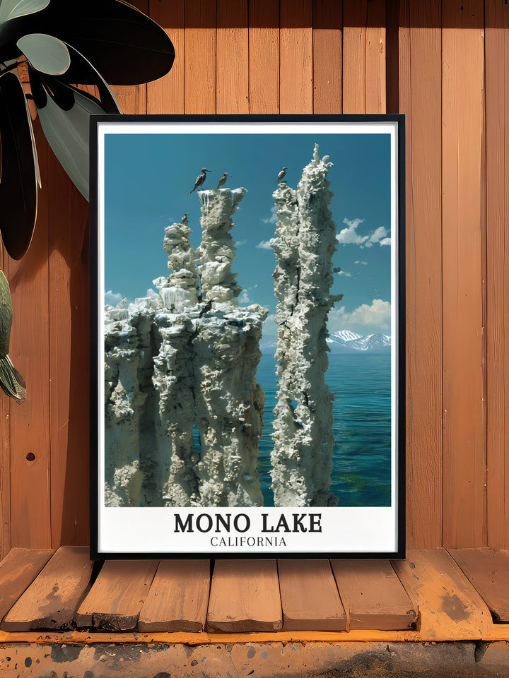 Gorgeous Mono Lake Wall Art featuring Tufa towers and Sierra Nevada Mountains brings the serene beauty of California landscapes into your living room or office decor. This modern print is ideal for adding a sophisticated touch to any space.