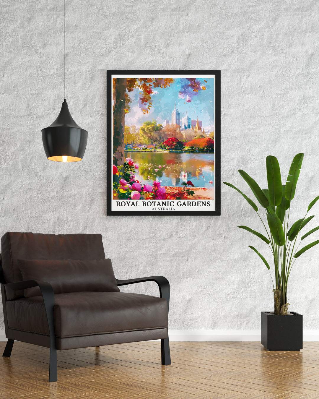 Elevate your home decor with this Australia Wall Art featuring the Melbourne Skyline Ornamental Lake a captivating scene from the Royal Botanic Gardens that adds elegance and natural beauty to any room ideal for Australia souvenir collectors