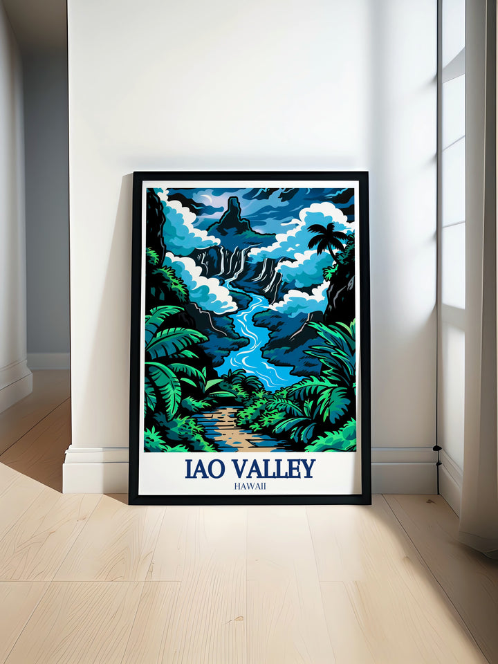 Experience the tranquility of Hawaii with this Iao Valley poster print, showcasing the majestic Iao Needle and the calm waters of Iao Stream. This canvas art brings the beauty of Hawaii into your home, making it a perfect piece for any nature lover or a great gift for someone who cherishes tropical landscapes.