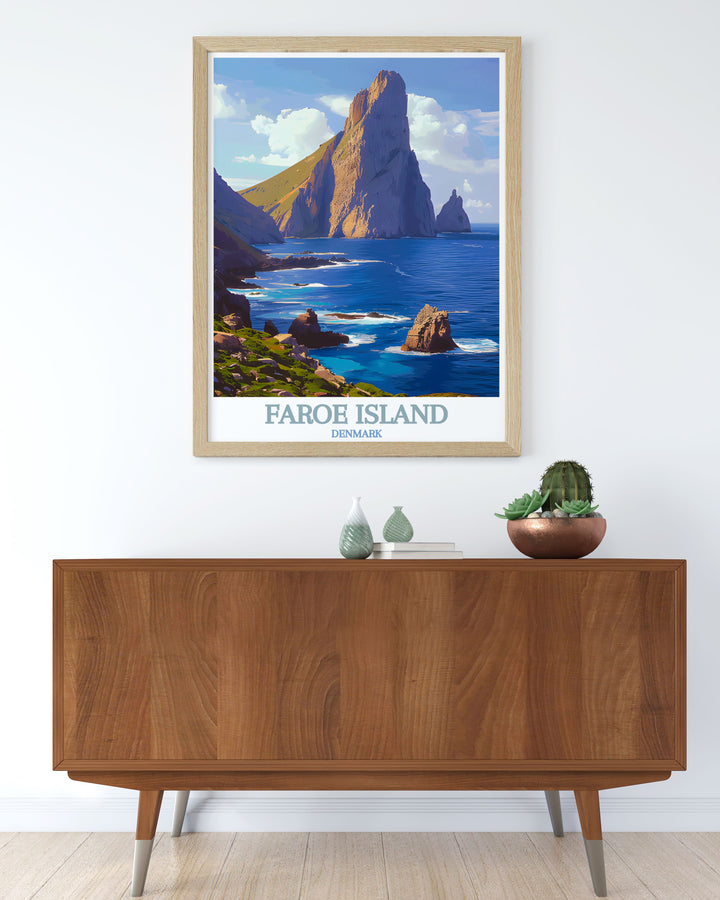 The natural beauty and dramatic landscapes of the Faroe Islands are celebrated in this poster, featuring the iconic Tindhólmur and inviting you to explore its breathtaking views.